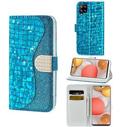 Glitter Diamond Buckle Laser Stitching Leather Wallet Phone Case for Samsung Galaxy A42 5G - Blue