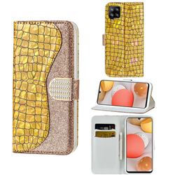 Glitter Diamond Buckle Laser Stitching Leather Wallet Phone Case for Samsung Galaxy A42 5G - Gold