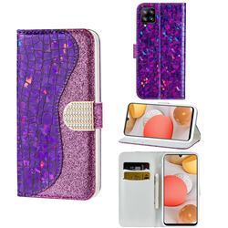 Glitter Diamond Buckle Laser Stitching Leather Wallet Phone Case for Samsung Galaxy A42 5G - Purple