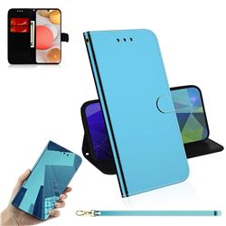 Shining Mirror Like Surface Leather Wallet Case for Samsung Galaxy A42 5G - Blue