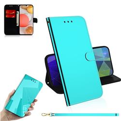 Shining Mirror Like Surface Leather Wallet Case for Samsung Galaxy A42 5G - Mint Green