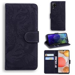 Intricate Embossing Tiger Face Leather Wallet Case for Samsung Galaxy A42 5G - Black