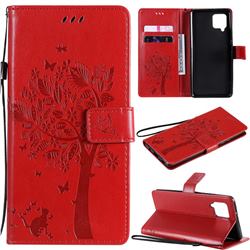 Embossing Butterfly Tree Leather Wallet Case for Samsung Galaxy A42 5G - Red