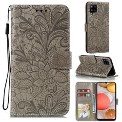 Intricate Embossing Lace Jasmine Flower Leather Wallet Case for Samsung Galaxy A42 5G - Gray