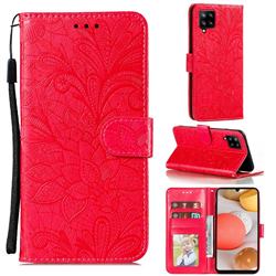 Intricate Embossing Lace Jasmine Flower Leather Wallet Case for Samsung Galaxy A42 5G - Red
