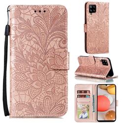 Intricate Embossing Lace Jasmine Flower Leather Wallet Case for Samsung Galaxy A42 5G - Rose Gold