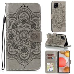 Intricate Embossing Datura Solar Leather Wallet Case for Samsung Galaxy A42 5G - Gray