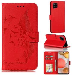 Intricate Embossing Lychee Feather Bird Leather Wallet Case for Samsung Galaxy A42 5G - Red