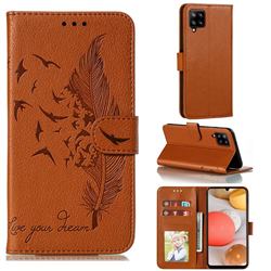 Intricate Embossing Lychee Feather Bird Leather Wallet Case for Samsung Galaxy A42 5G - Brown