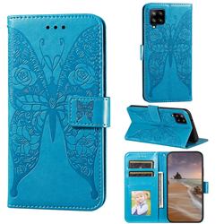 Intricate Embossing Rose Flower Butterfly Leather Wallet Case for Samsung Galaxy A42 5G - Blue