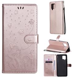 Embossing Bee and Cat Leather Wallet Case for Samsung Galaxy A42 5G - Rose Gold