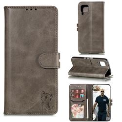 Embossing Happy Cat Leather Wallet Case for Samsung Galaxy A42 5G - Gray