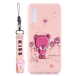 Pink Flower Bear Soft Kiss Candy Hand Strap Silicone Case for Samsung Galaxy A50