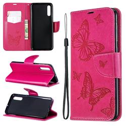 Embossing Double Butterfly Leather Wallet Case for Samsung Galaxy A50 - Red