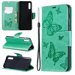 Embossing Double Butterfly Leather Wallet Case for Samsung Galaxy A50 - Green