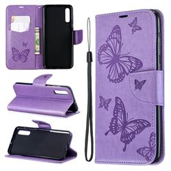 Embossing Double Butterfly Leather Wallet Case for Samsung Galaxy A50 - Purple