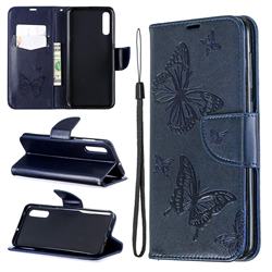 Embossing Double Butterfly Leather Wallet Case for Samsung Galaxy A50 - Dark Blue
