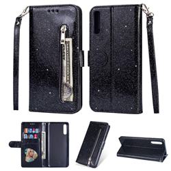 Glitter Shine Leather Zipper Wallet Phone Case for Samsung Galaxy A50 - Black