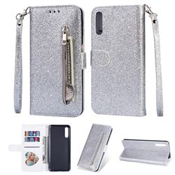 Glitter Shine Leather Zipper Wallet Phone Case for Samsung Galaxy A50 - Silver