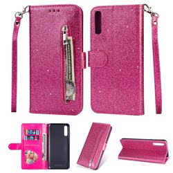 Glitter Shine Leather Zipper Wallet Phone Case for Samsung Galaxy A50 - Rose