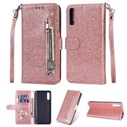 Glitter Shine Leather Zipper Wallet Phone Case for Samsung Galaxy A50 - Pink