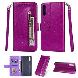 Glitter Shine Leather Zipper Wallet Phone Case for Samsung Galaxy A50 - Purple