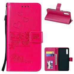 Embossing Owl Couple Flower Leather Wallet Case for Samsung Galaxy A50 - Red