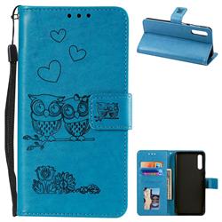 Embossing Owl Couple Flower Leather Wallet Case for Samsung Galaxy A50 - Blue