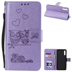 Embossing Owl Couple Flower Leather Wallet Case for Samsung Galaxy A50 - Purple