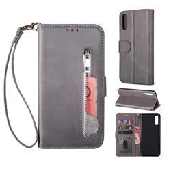 Retro Calfskin Zipper Leather Wallet Case Cover for Samsung Galaxy A50 - Grey
