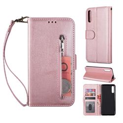 Retro Calfskin Zipper Leather Wallet Case Cover for Samsung Galaxy A50 - Rose Gold