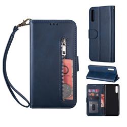 Retro Calfskin Zipper Leather Wallet Case Cover for Samsung Galaxy A50 - Blue