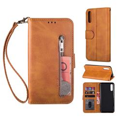 Retro Calfskin Zipper Leather Wallet Case Cover for Samsung Galaxy A50 - Brown