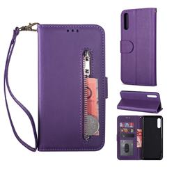 Retro Calfskin Zipper Leather Wallet Case Cover for Samsung Galaxy A50 - Purple