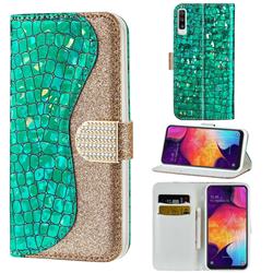 Glitter Diamond Buckle Laser Stitching Leather Wallet Phone Case for Samsung Galaxy A50 - Green