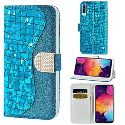 Glitter Diamond Buckle Laser Stitching Leather Wallet Phone Case for Samsung Galaxy A50 - Blue