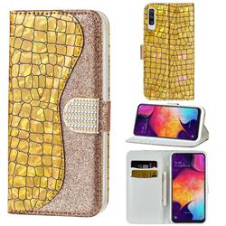 Glitter Diamond Buckle Laser Stitching Leather Wallet Phone Case for Samsung Galaxy A50 - Gold