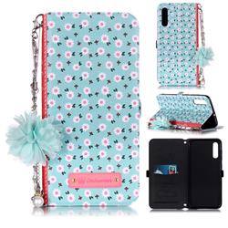 Daisy Endeavour Florid Pearl Flower Pendant Metal Strap PU Leather Wallet Case for Samsung Galaxy A50