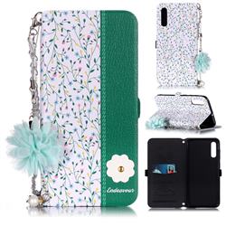 Magnolia Endeavour Florid Pearl Flower Pendant Metal Strap PU Leather Wallet Case for Samsung Galaxy A50