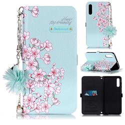 Cherry Blossoms Endeavour Florid Pearl Flower Pendant Metal Strap PU Leather Wallet Case for Samsung Galaxy A50