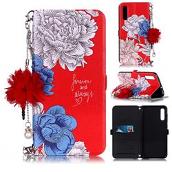 Red Chrysanthemum Endeavour Florid Pearl Flower Pendant Metal Strap PU Leather Wallet Case for Samsung Galaxy A50