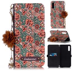 Impatiens Endeavour Florid Pearl Flower Pendant Metal Strap PU Leather Wallet Case for Samsung Galaxy A50