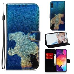 Cat and Leopard Laser Shining Leather Wallet Phone Case for Samsung Galaxy A50