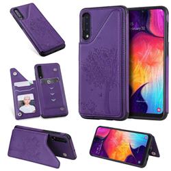 Luxury Tree and Cat Multifunction Magnetic Card Slots Stand Leather Phone Back Cover for Samsung Galaxy A50 - Purple