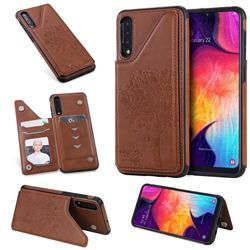 Luxury Tree and Cat Multifunction Magnetic Card Slots Stand Leather Phone Back Cover for Samsung Galaxy A50 - Brown