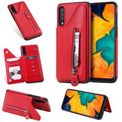 Retro Buckle Zipper Anti-fall Leather Phone Back Cover for Samsung Galaxy A50 - Red