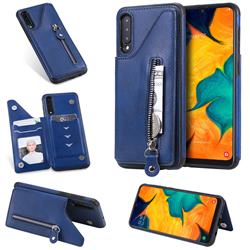 Retro Buckle Zipper Anti-fall Leather Phone Back Cover for Samsung Galaxy A50 - Blue
