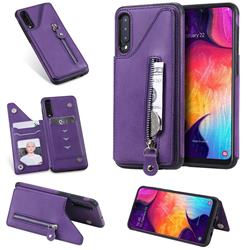 Retro Buckle Zipper Anti-fall Leather Phone Back Cover for Samsung Galaxy A50 - Purple
