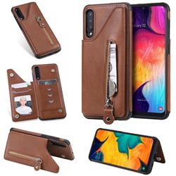 Retro Buckle Zipper Anti-fall Leather Phone Back Cover for Samsung Galaxy A50 - Brown