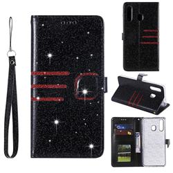 Retro Stitching Glitter Leather Wallet Phone Case for Samsung Galaxy A50 - Black